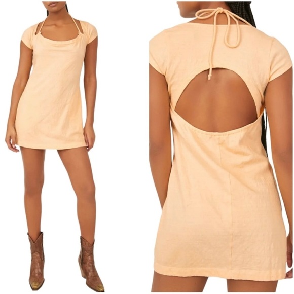 Free People Vivi Open Back Stretch Cotton Dress in‎ Peach Sunrise - NWT - Picture 1 of 3
